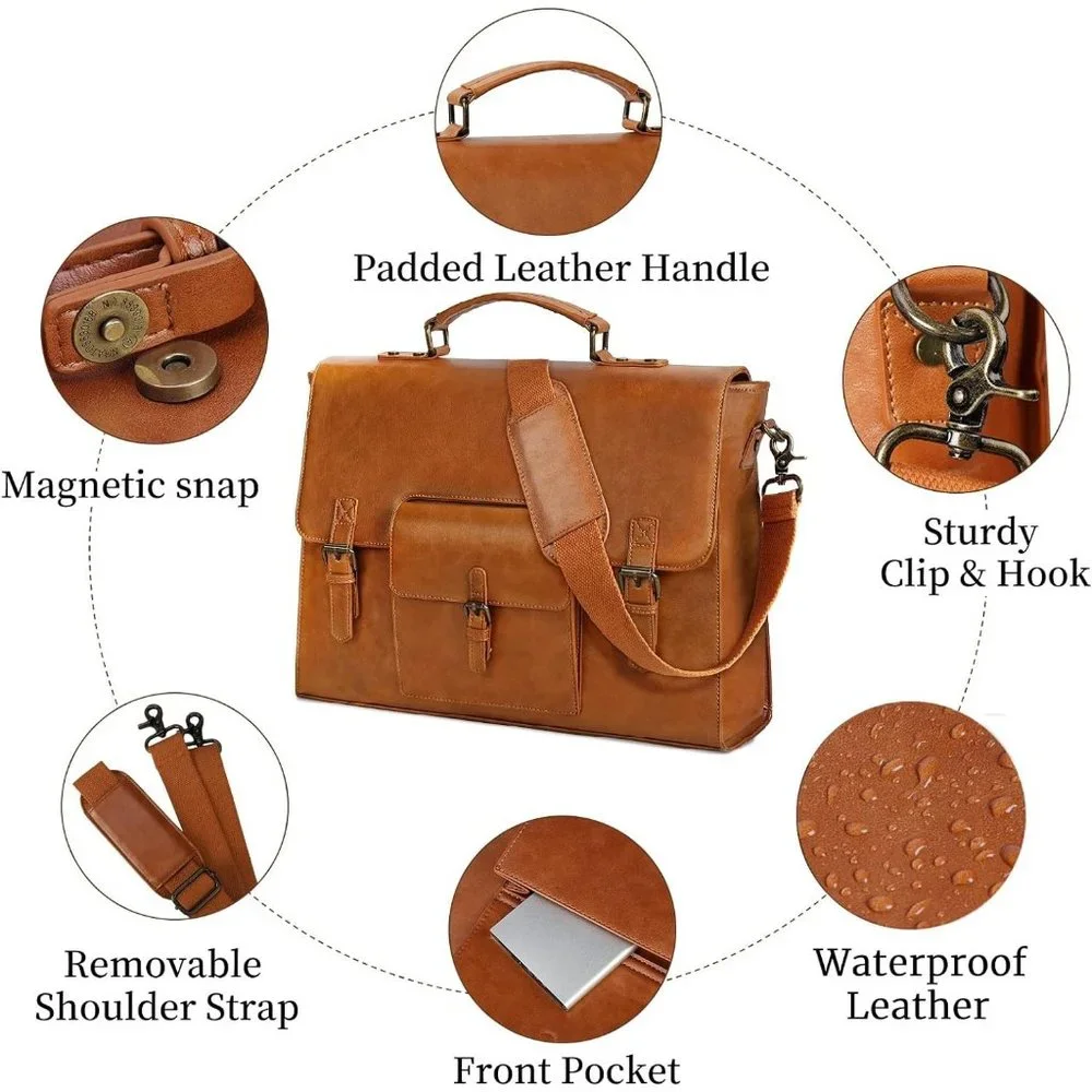 Men's Brown Leather Water repellent Messenger Bag 16.14